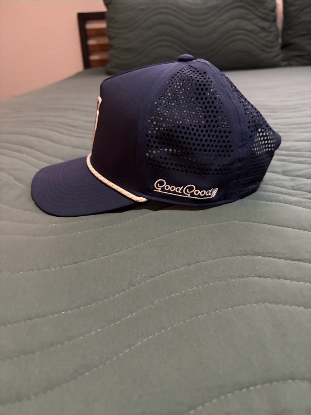 Navy Rope-Trim Trucker Hat with Script Patch - Picture 2 of 4